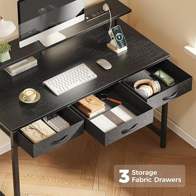 47 inch Computer Desk with 3 Drawers, Office Desk Gaming Desk with LED Lights & Power Outlets, Home Office Desks with Storage Space for Bedroom, Work from Home, Black - LeafyLoom