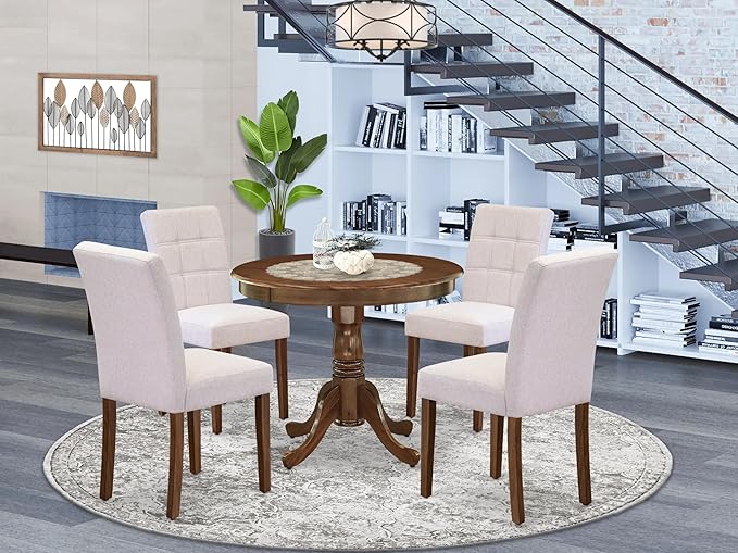 East West Furniture ANAS5-AWA-08 5 Piece Mid Century Set Consists Kitchen Table and 4 Mist Beige Linen Fabric Modern Dining Chairs, Antique Walnut, 36x36 Inch - LeafyLoom