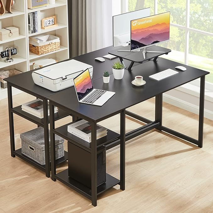 GreenForest Computer Home Office Desk with Monitor Stand and Storage Shelves on Left or Right Side,47 inch Modern Writing Study PC Laptop Work Table,Black - LeafyLoom
