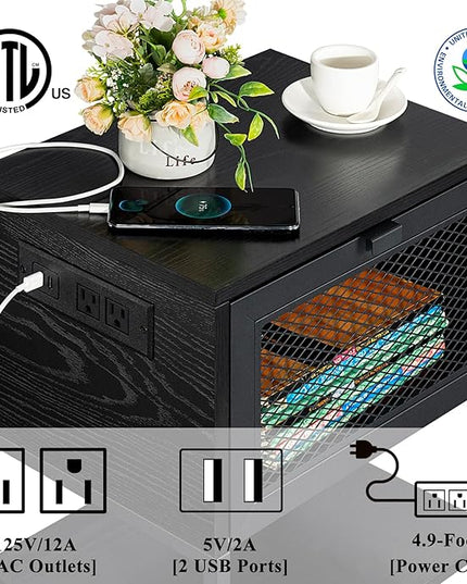 Black Nightstands Set of 2 with Charging Station and USB Port, 3 Tier Industrial Night Stand, Bedside Table with Flip Storage Drawer and Open Shelf, End Side Table for Bedroom, Office, Dorm - LeafyLoom