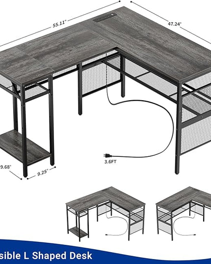 Reversible L Shaped Gaming Desk, Large Corner Computer Desk with Power Outlets and USB Ports, Sturdy Home Office Table with Storage Shelf, Attractive Grid Design Writing Desk, Black Oak - LeafyLoom