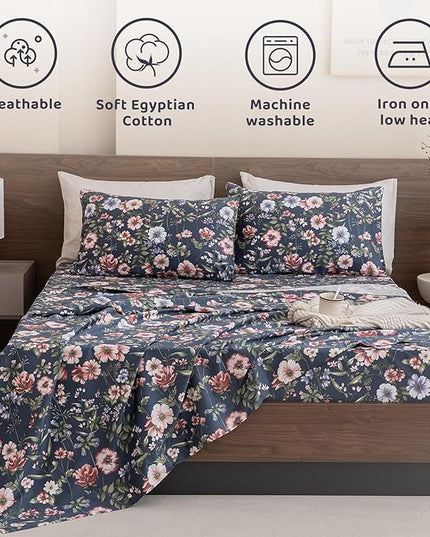 QSH Floral Queen Size Sheet Sets - 100% Egyptian Cotton Sheets Elegant Navy Flower Pattern Printed Bedding Sheets Queen Size Bed Extra Soft and Breathable 4pcs Deep Pockets Bed Sheets - LeafyLoom