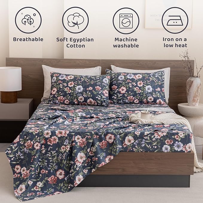 QSH Floral Queen Size Sheet Sets - 100% Egyptian Cotton Sheets Elegant Navy Flower Pattern Printed Bedding Sheets Queen Size Bed Extra Soft and Breathable 4pcs Deep Pockets Bed Sheets - LeafyLoom