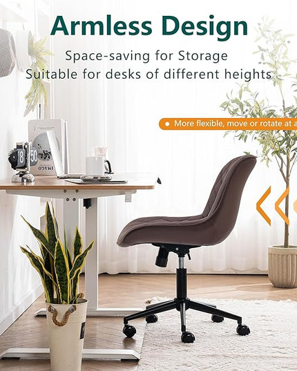 YOUNUOKE Office Chair Desk Chair with Wheels, Thick Upholstery Armless Computer Chair Task Chairs, Small Cute Home Office Desk Chair, Faux Leather Swivel Side Chair, Loads Up to 300LBS, Brown - LeafyLoom