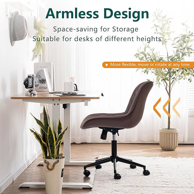 YOUNUOKE Office Chair Desk Chair with Wheels, Thick Upholstery Armless Computer Chair Task Chairs, Small Cute Home Office Desk Chair, Faux Leather Swivel Side Chair, Loads Up to 300LBS, Brown - LeafyLoom