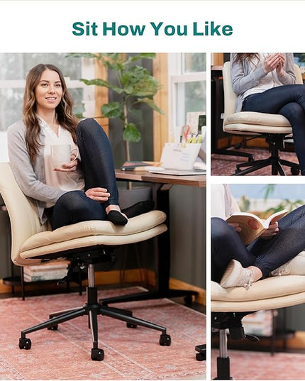 Criss Cross Chair with Wheels - Cross Legged Office Chair, Wide Armless Desk Chair Comfy Swivel Vanity Chair for Home Office, PU Leather - Beige - LeafyLoom
