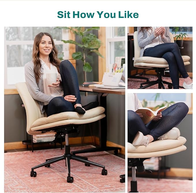 Criss Cross Chair with Wheels - Cross Legged Office Chair, Wide Armless Desk Chair Comfy Swivel Vanity Chair for Home Office, PU Leather - Beige - LeafyLoom