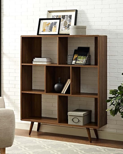 Modway Transmit Mid-Century Offset Cube Wood 7 tier Bookcase in Walnut - LeafyLoom