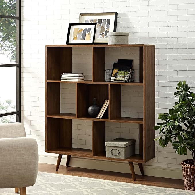 Modway Transmit Mid-Century Offset Cube Wood 7 tier Bookcase in Walnut - LeafyLoom