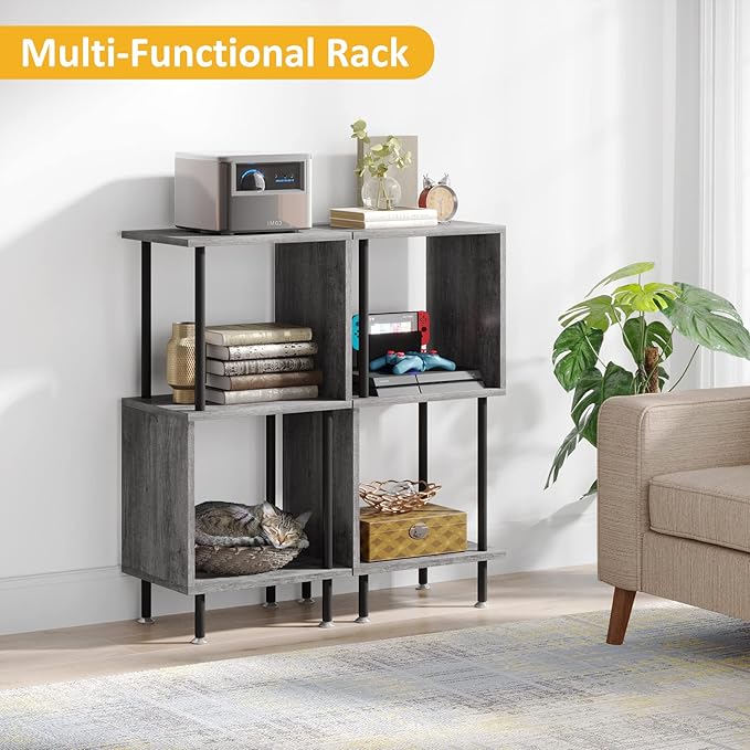 3 Tier Modern Bookshelf, S-Shaped Bookcase,Small Book Shelf for Small Spaces, Unique Bookshelf for Storage Organizer Living Room Bedroom Home Office, Grey - LeafyLoom