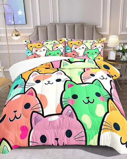 Cat Bedding Queen Size - Cat Comforter Set for Kids Girls Cartoon Cat Bedding Set Room Decor Teens Queen Comforter Sets for Girls, 1 Comforter+2 Pillowcases - LeafyLoom