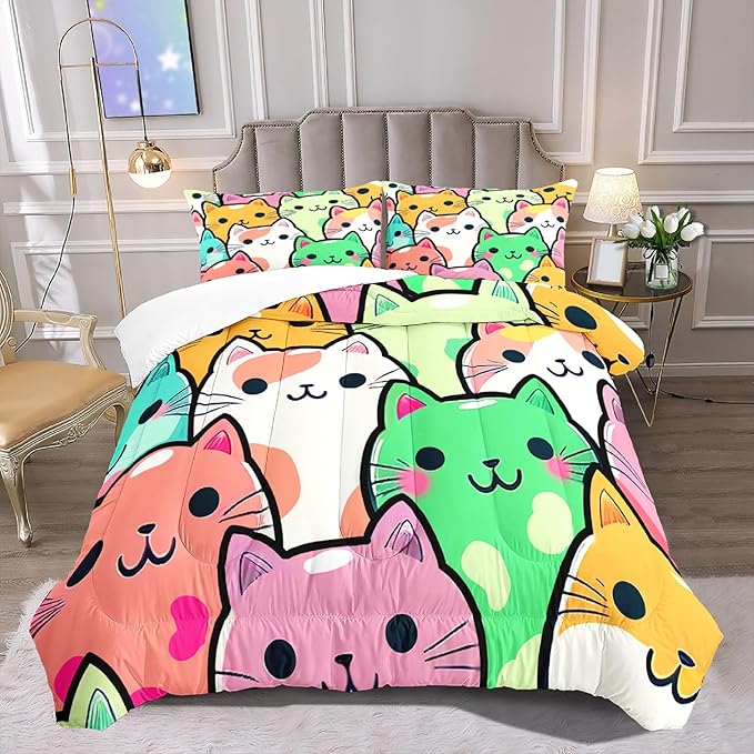 Cat Bedding Set - Full Size Comforter, 2 Pillowcases for Girls, Soft Breathable Polyester, Machine Washable, Cat Themed Bedding for Kids Room Decor, Birthday & Holiday Gift - LeafyLoom
