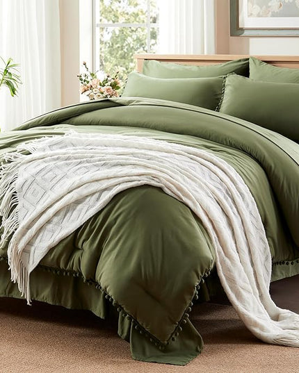 Anluoer Full Comforter Set 7 Piece, Olive Green Bed in a Bag with Sheets, Pom Pom Boho Bedding Comforter Sets with 1 Comforter, 2 Pillow Shams, 2 Pillowcases, 1 Flat Sheet, 1 Fitted Sheet - LeafyLoom