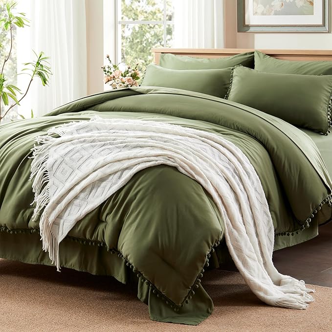 Anluoer Full Comforter Set 7 Piece, Olive Green Bed in a Bag with Sheets, Pom Pom Boho Bedding Comforter Sets with 1 Comforter, 2 Pillow Shams, 2 Pillowcases, 1 Flat Sheet, 1 Fitted Sheet - LeafyLoom