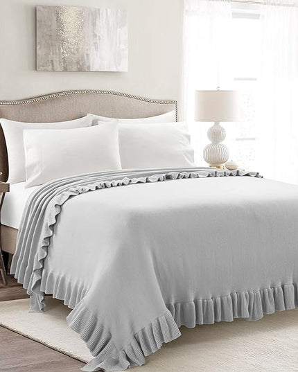 Lush Decor Reyna Soft Knitted Ruffle Throw Blanket, 104" W x 88" L, Light Gray - Ruffled Bedding - Knit Blanket - Cozy Oversized Blanket For Bed or Couch - Vintage, Minimalist & Cottage Home Decor - LeafyLoom