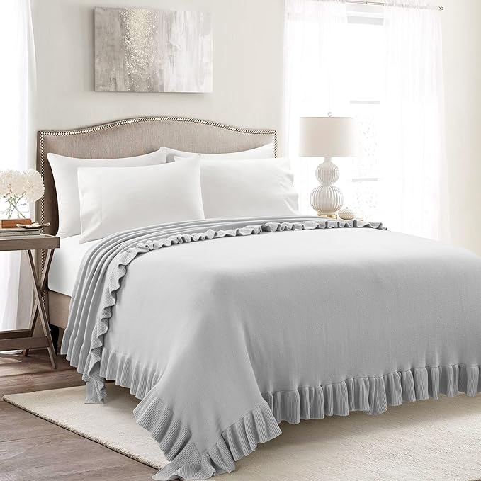 Lush Decor Reyna Soft Knitted Ruffle Throw Blanket, 104" W x 88" L, Light Gray - Ruffled Bedding - Knit Blanket - Cozy Oversized Blanket For Bed or Couch - Vintage, Minimalist & Cottage Home Decor - LeafyLoom