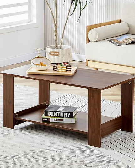 Farmhouse Wood Coffee Table - Boho Tea Table with Storage Shelf, Rectangle Center Table Wood Look Accent Table, 2-Tier Sofa Side Table Modern Rectangular Coffee Table Living Room Furniture - LeafyLoom