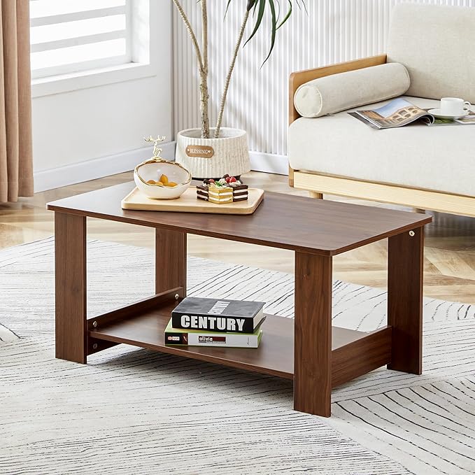 Farmhouse Wood Coffee Table - Boho Tea Table with Storage Shelf, Rectangle Center Table Wood Look Accent Table, 2-Tier Sofa Side Table Modern Rectangular Coffee Table Living Room Furniture - LeafyLoom