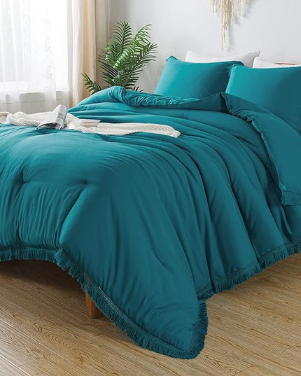 Andency Turquoise Comforter Twin Size, 2 Pieces Boho Teal Tassel Lightweight Bedding Comforter Sets for Twin Bed, Teal Blue All Season Soft Fluffy Fringe Bed Set (66x90In Comforter & 1 Pillowcase) - LeafyLoom