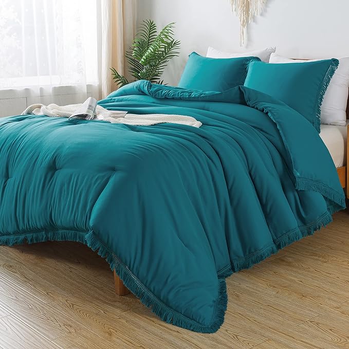Andency Turquoise Comforter Twin Size, 2 Pieces Boho Teal Tassel Lightweight Bedding Comforter Sets for Twin Bed, Teal Blue All Season Soft Fluffy Fringe Bed Set (66x90In Comforter & 1 Pillowcase) - LeafyLoom