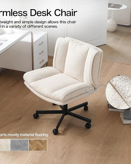LEAGOO Armless Desk Chair, Office Chair with Wheels, Desk Chair with Furry, Modern Swivel Height Adjustable Office Chair with Wide Seat for Home, Office, Make Up, Bed Room - Cream White - LeafyLoom