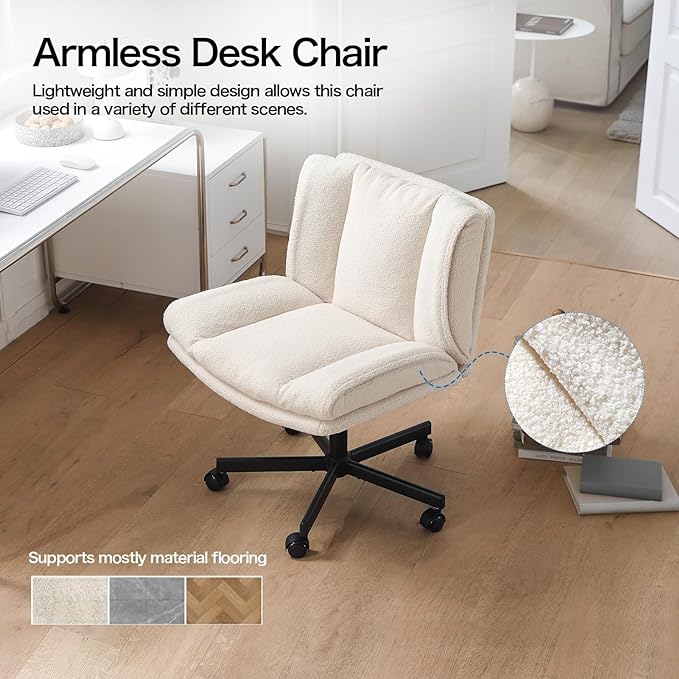 LEAGOO Armless Desk Chair, Office Chair with Wheels, Desk Chair with Furry, Modern Swivel Height Adjustable Office Chair with Wide Seat for Home, Office, Make Up, Bed Room - Cream White - LeafyLoom