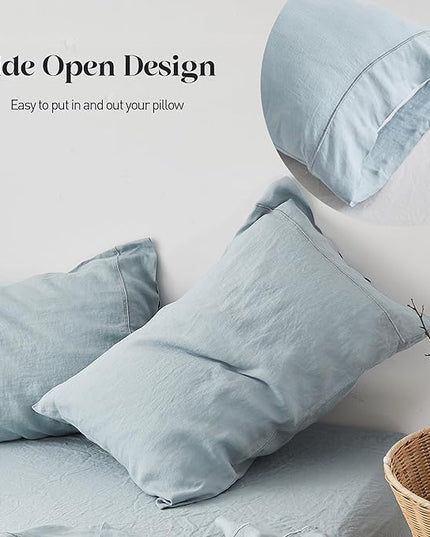 Simple&Opulence 100% Washed Linen Sheet Set-Queen Size-Natural France Flax Bed Sheet-4 Pcs Breathable,Ultra Soft,Farmhouse Bedding (1 Flat Sheet,1 Fitted Sheet,2 Pillowcases)-Embroidery Dusty Blue - LeafyLoom
