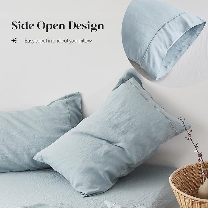 Simple&Opulence 100% Washed Linen Sheet Set-Queen Size-Natural France Flax Bed Sheet-4 Pcs Breathable,Ultra Soft,Farmhouse Bedding (1 Flat Sheet,1 Fitted Sheet,2 Pillowcases)-Embroidery Dusty Blue - LeafyLoom