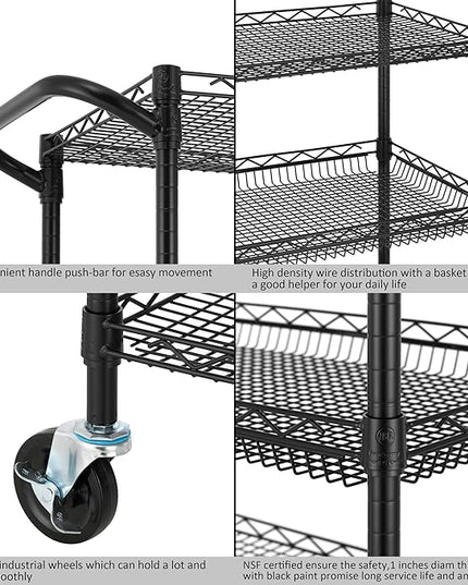 Finnhomy 3 Tier Heavy Duty Commercial Grade Utility Cart, Wire Rolling Cart with Handle Bar, Steel Service Cart with Wheels, Kitchen Carts on Wheels, Metal Cart Shelf Size 18" D x 36" W, NSF, Black - LeafyLoom
