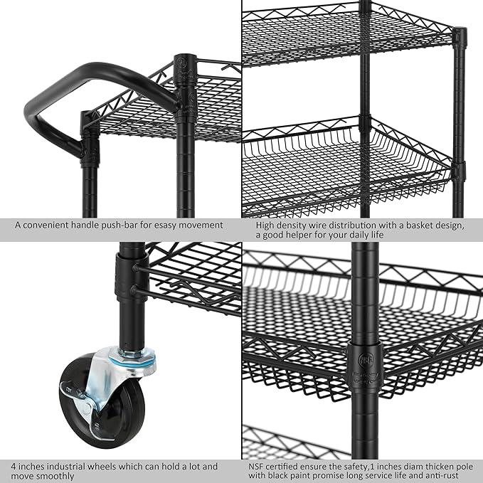 Finnhomy 3 Tier Heavy Duty Commercial Grade Utility Cart, Wire Rolling Cart with Handle Bar, Steel Service Cart with Wheels, Kitchen Carts on Wheels, Metal Cart Shelf Size 18" D x 36" W, NSF, Black - LeafyLoom