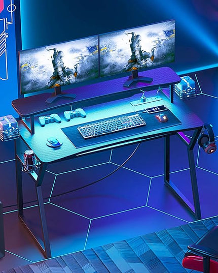 Gaming Desk with Power Outlet&Led Lights, Computer Desk with Monitor Stand and Open Shelf,Gamer Table Workstation with Cup Holder, Headphone Hook, 2 Speaker Stand for Home Office - LeafyLoom