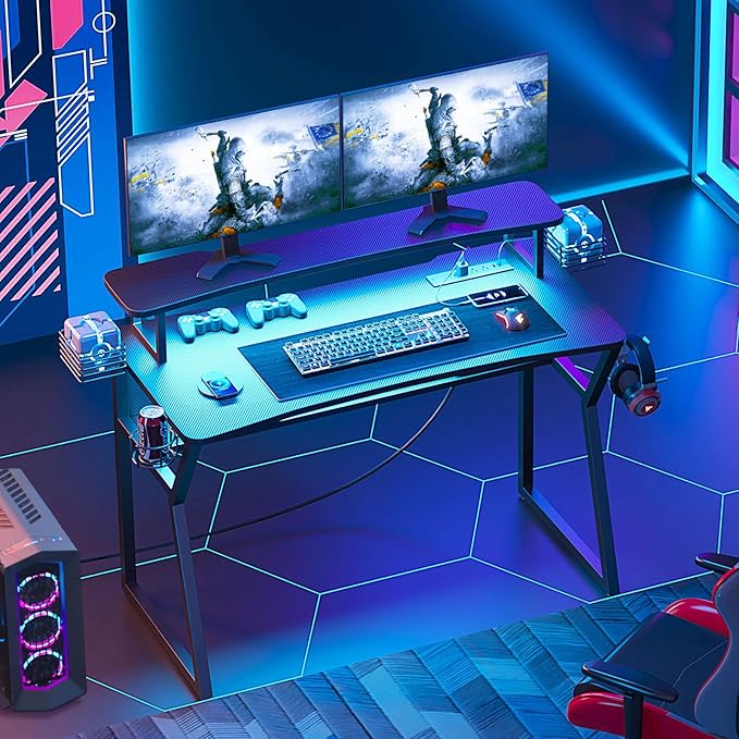 Gaming Desk with Power Outlet&Led Lights, Computer Desk with Monitor Stand and Open Shelf,Gamer Table Workstation with Cup Holder, Headphone Hook, 2 Speaker Stand for Home Office - LeafyLoom