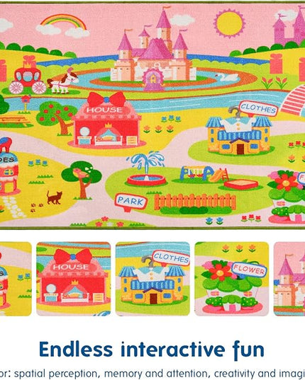 Enchanting Children's Pink Castle Rug with Cartoon Park-Flower,Shoes,Clothes,House Design-Perfect for Imaginative Play-Cozy Princess Rug-Ideal for Playrooms and Bedrooms-Safe & Fun kids rug non skid - LeafyLoom