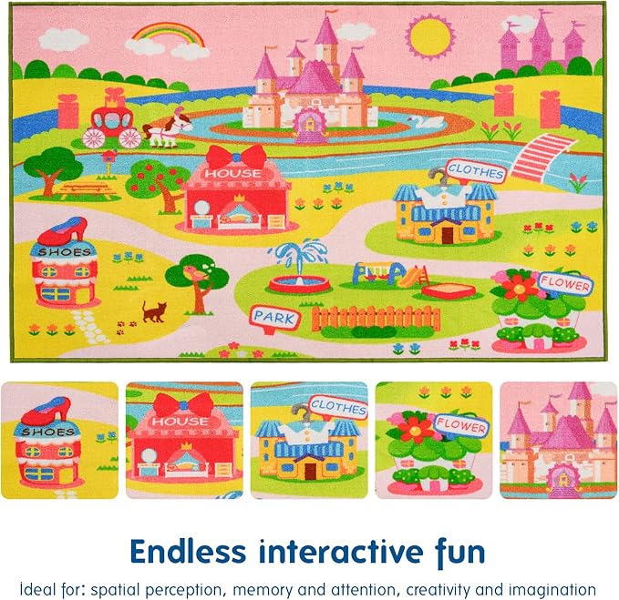 Enchanting Children's Pink Castle Rug with Cartoon Park-Flower,Shoes,Clothes,House Design-Perfect for Imaginative Play-Cozy Princess Rug-Ideal for Playrooms and Bedrooms-Safe & Fun kids rug non skid - LeafyLoom