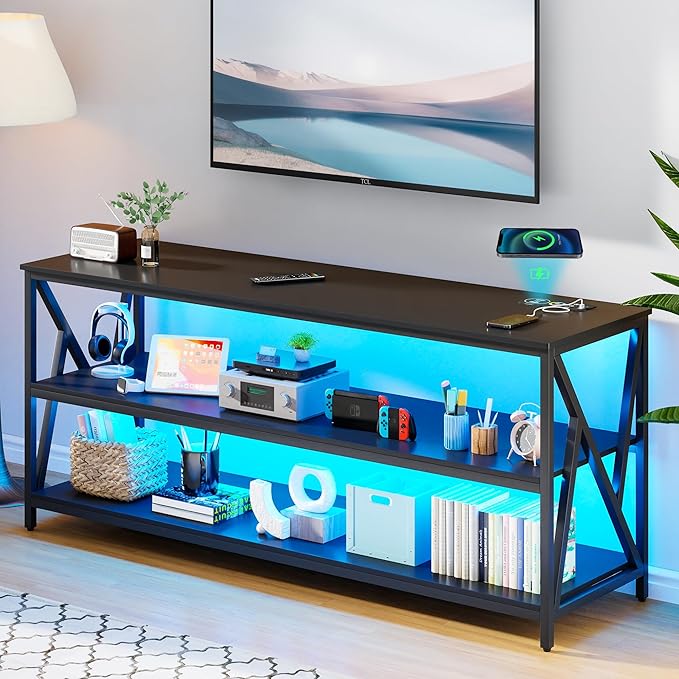 Lvifur LED TV Stand up to 70''Televisions, Farmhouse TV Console Table with RGB 24 Colors Dimmable, Industrial Entertainment Center with Human Body Sensor for Living Room Bedroom - LeafyLoom
