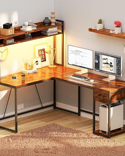 L Shaped Home Office Desk, Reversible Gaming Desk with Drawers, Led Lights & Power Outlets Rustic Brown - LeafyLoom