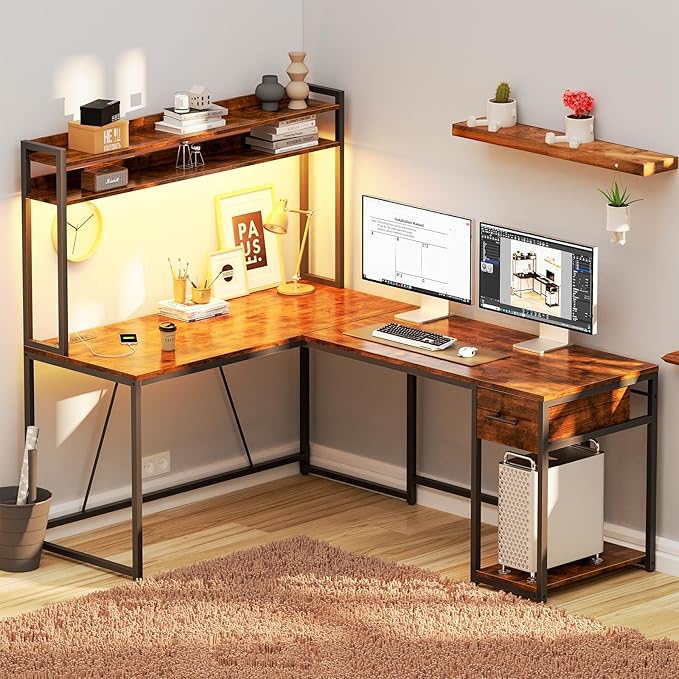 L Shaped Home Office Desk, Reversible Gaming Desk with Drawers, Led Lights & Power Outlets Rustic Brown - LeafyLoom