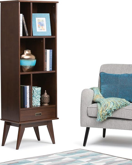 SIMPLIHOME Draper SOLID HARDWOOD 22 Inch Mid Century Modern Bookcase and Storage Unit in Medium Auburn Brown, For the Living Room, Study Room and Office - LeafyLoom