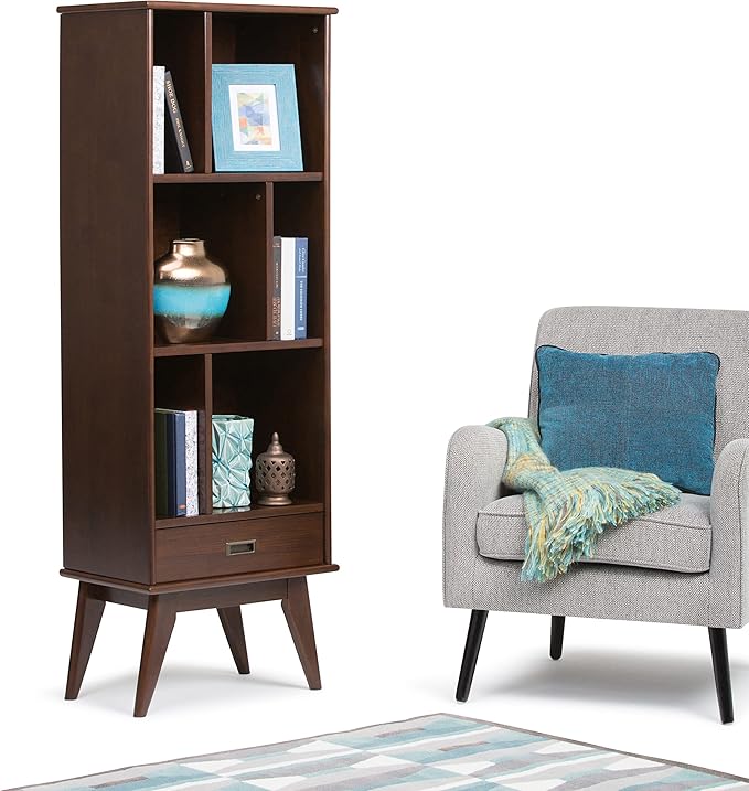 SIMPLIHOME Draper SOLID HARDWOOD 22 Inch Mid Century Modern Bookcase and Storage Unit in Medium Auburn Brown, For the Living Room, Study Room and Office - LeafyLoom