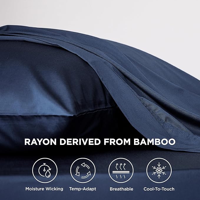 Bedsure Twin XL Sheet Set Dorm Bedding, Cooling Sheets Twin Extra Long Sheets, Rayon Derived from Bamboo, Deep Pocket Up to 16", Hotel Luxury Silky Bedding Sheets & Pillowcases, Navy - LeafyLoom