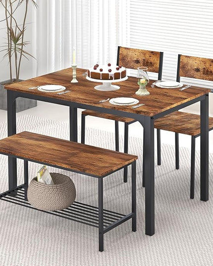 SogesHome 4-Piece Kitchen Table and 2 Chairs for 4 with Bench, Dining Table Set for Small Space, Apartment, Living-Room, Restaurant, Vintage Brown - LeafyLoom