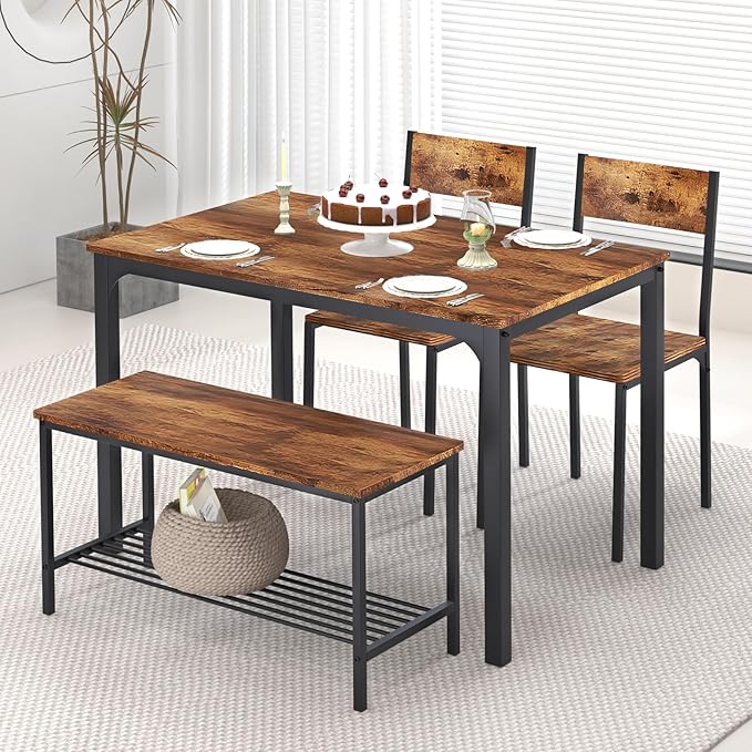 SogesHome 4-Piece Kitchen Table and 2 Chairs for 4 with Bench, Dining Table Set for Small Space, Apartment, Living-Room, Restaurant, Vintage Brown - LeafyLoom