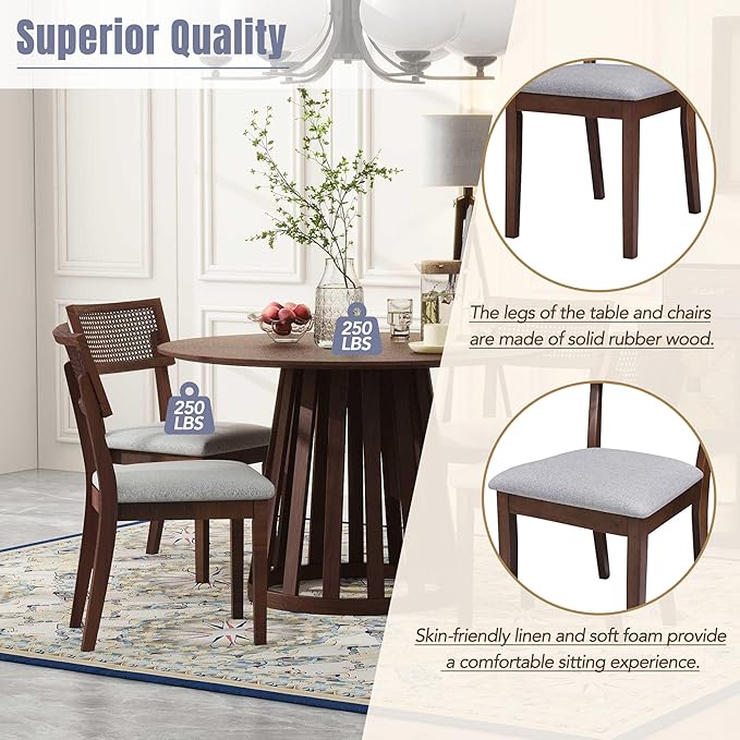 NicBex Dining Table for 4 Kitchen & Dining Room Tables 5-Piece Retro Dining Set with 1 Round Dining Table and 4 Upholstered Chairs with Rattan Backrests for Dining Room and Kitchen, Walnut - LeafyLoom