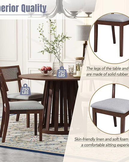 5-Piece Retro Vintage Style Wooden Round Dining Table Set with 4 Upholstered Chairs with Rattan Backrests for Kitchen, Breakfast Nook, Living Room, Walnut, 47.2" L x 47.2" W x 29.9" H - LeafyLoom