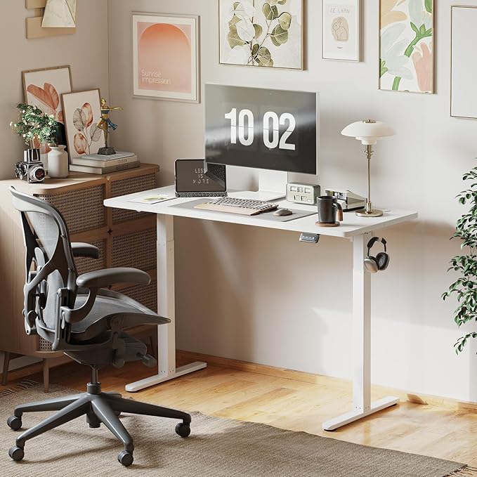Cubiker 63 x 24 Inch Standing Desk, Stand up Height Adjustable Home Office Electric Table, Sit Stand Desk with Splice Board, White Frame & White Desktop - LeafyLoom