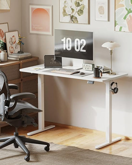 Cubiker 55 x 24 Inch Standing Desk, Stand up Height Adjustable Home Office Electric Table, Sit Stand Desk with Splice Board, White Frame & White Desktop - LeafyLoom