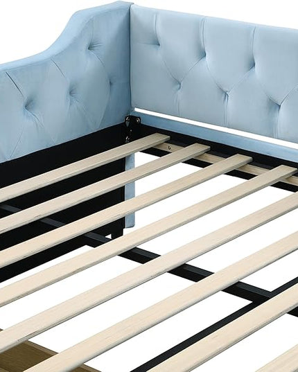 Full Size Velvet Upholstered Tufted Daybed with 2 Drawers,Modern Wood Bed Frame w/Armrests,Slat Support,No Box Spring Needed,Daybeds for Apartment,Bedroom,Guest Room,Blue - LeafyLoom