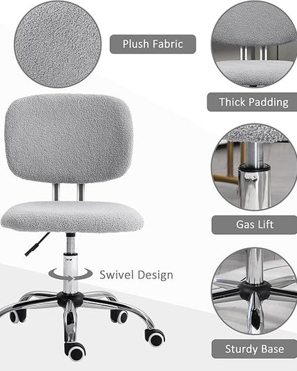 Vinsetto Cute Armless Office Chair, Teddy Fleece Fabric Computer Desk Chair, Vanity Task Chair with Adjustable Height, Swivel Wheels, Mid Back, Light Gray - LeafyLoom