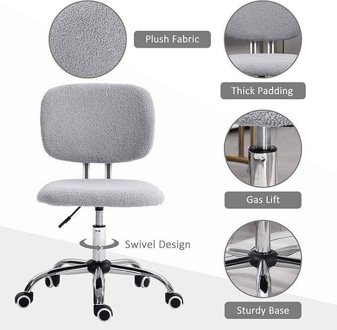 Vinsetto Cute Armless Office Chair, Teddy Fleece Fabric Computer Desk Chair, Vanity Task Chair with Adjustable Height, Swivel Wheels, Mid Back, Light Gray - LeafyLoom