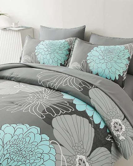 Yiran 7 Pieces Bed in a Bag Floral Comforter Set Green Flowers Bedding Set Soft Microfiber King Comforter Sets with 1 Comforter 1 Flat Sheet 1 Fitted Sheet 2 Pillowshams and 2 Pillowcases - LeafyLoom